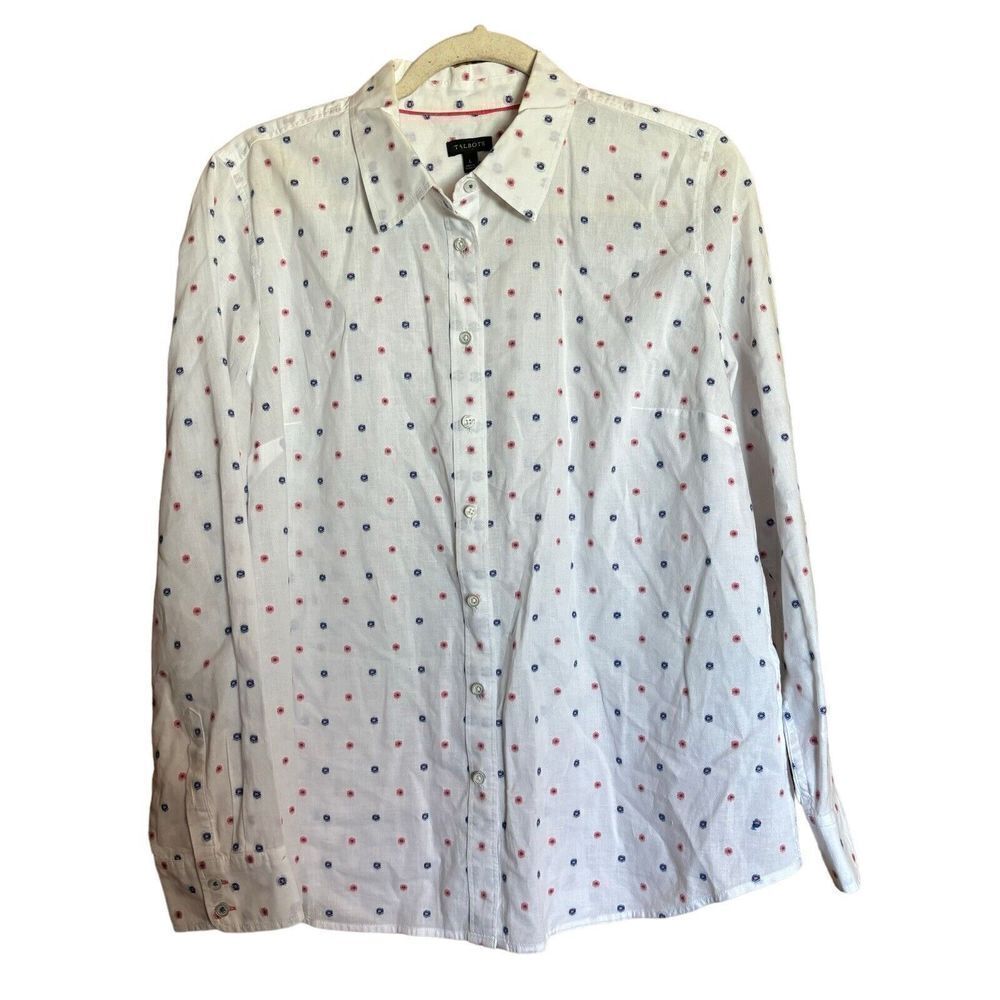 Talbots Shirt Womens Large Multicolor Dot Print Button Up Cotton Blouse